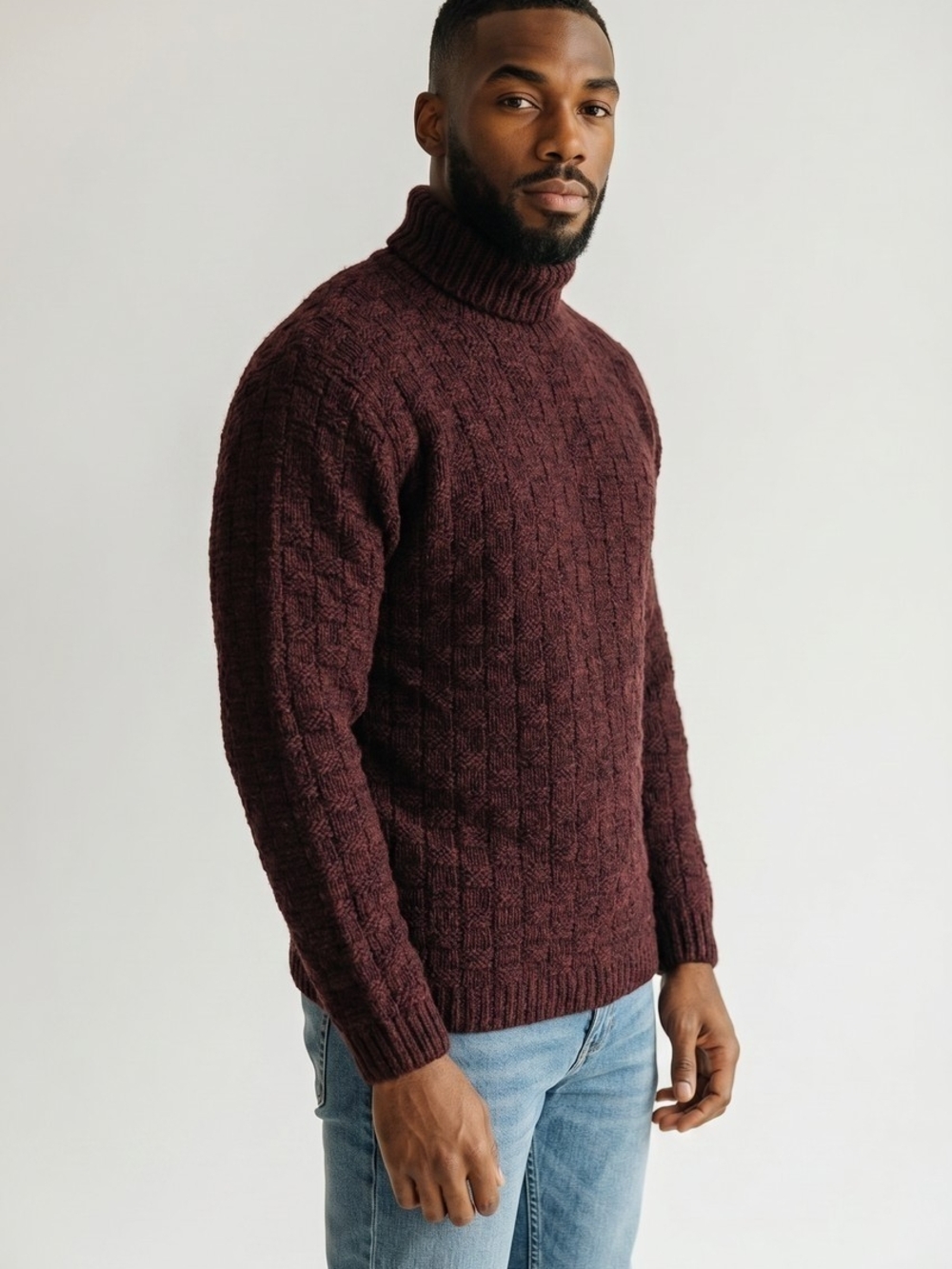 Men's Cable Knit Turtleneck Sweater in Deep Burgundy 1060
